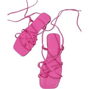 Gorglitter Womens 7.5 Pink Sandals Strappy Faux Leather Open Square Toe Shoes